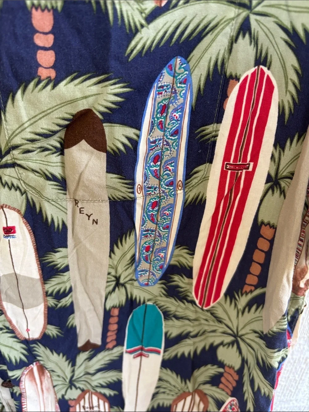 Reyn Spooner Vintage Navy & Green Surfboard Print Button-Down Shirt sz M